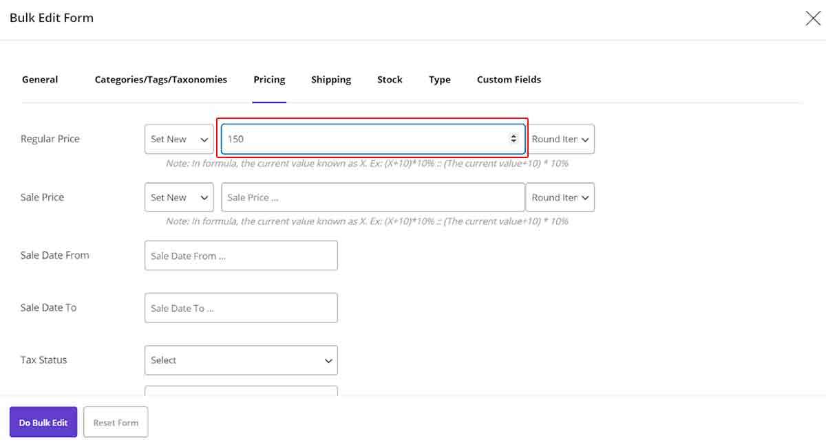 change products regular price with new value in woocommerce product bulk edit plugin