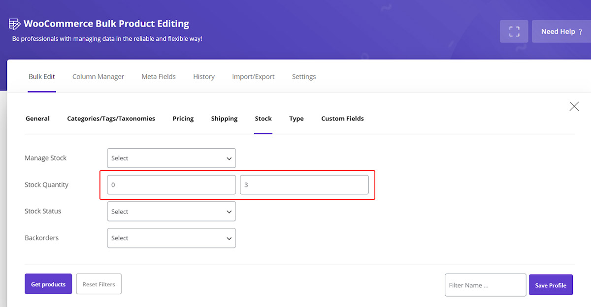 filter products by stock quantity in Woocommerce bulk edit plugin
