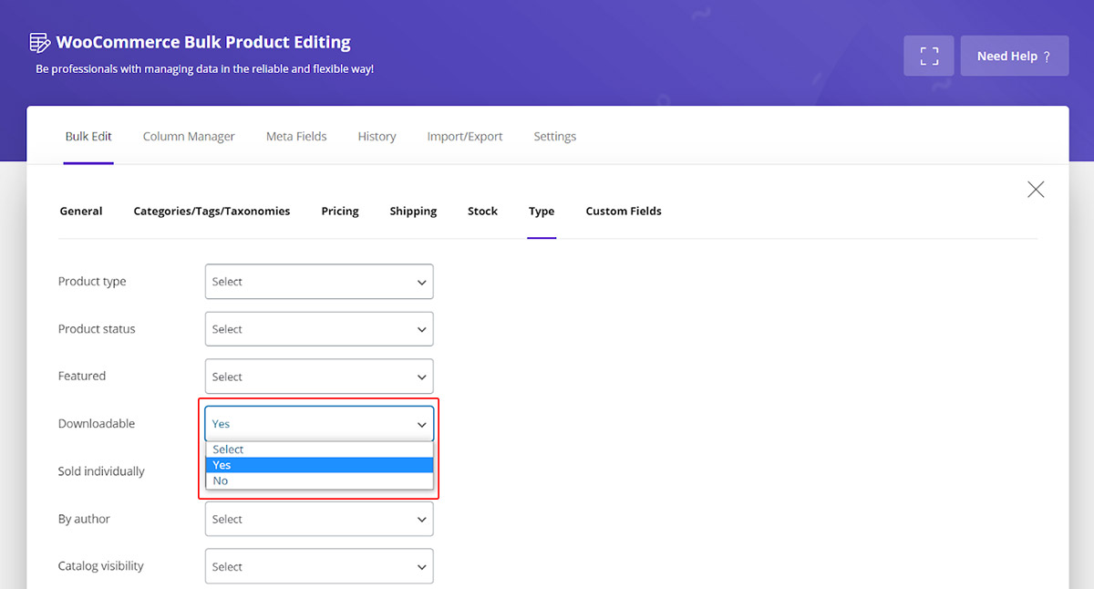 Filter the products in Woocommerce bulk edit plugin