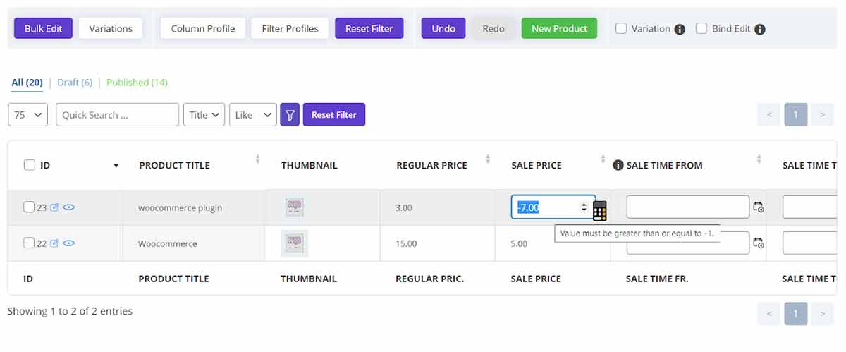 Inline edit of product price in woocommerce bulk product editing