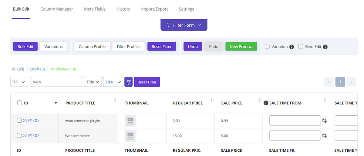display products in woocommerce bulk product editing