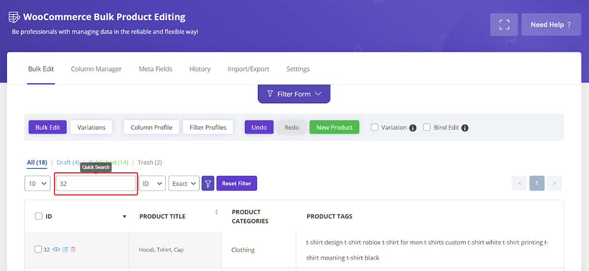 search product in Woocommerce bulk product editing plugin