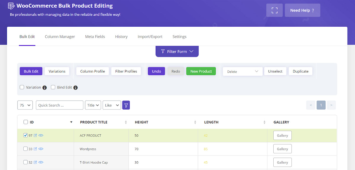 manage product columns in woocommerce bulk product editor