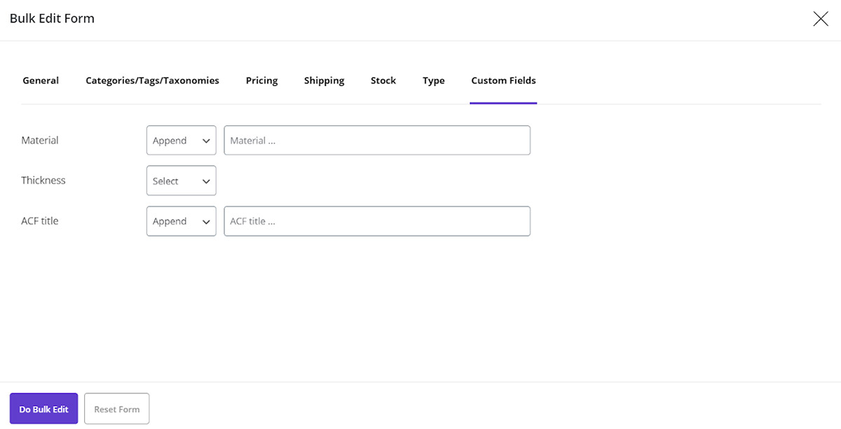 all of Custom fields are supported in woocommerce bulk product editing