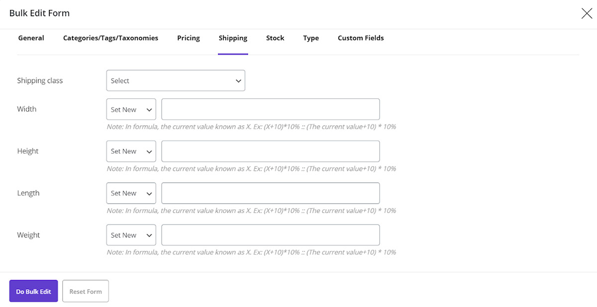 set Shipping fields for each product