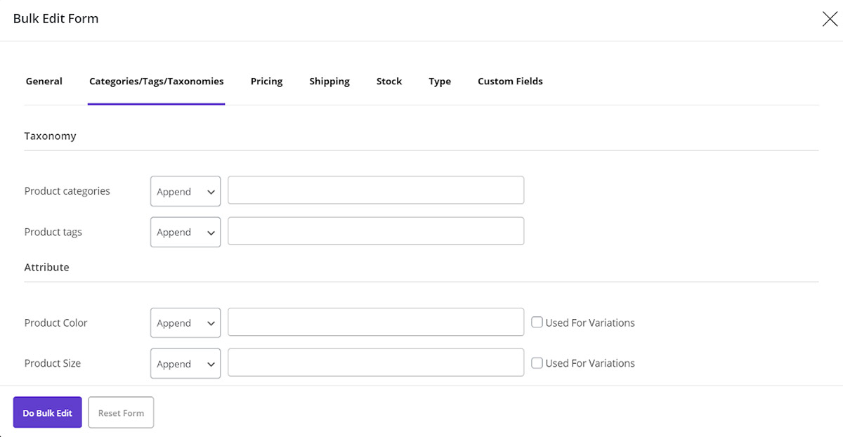 Categories /Tags/ Taxonomies are available in woocommerce bulk product editor