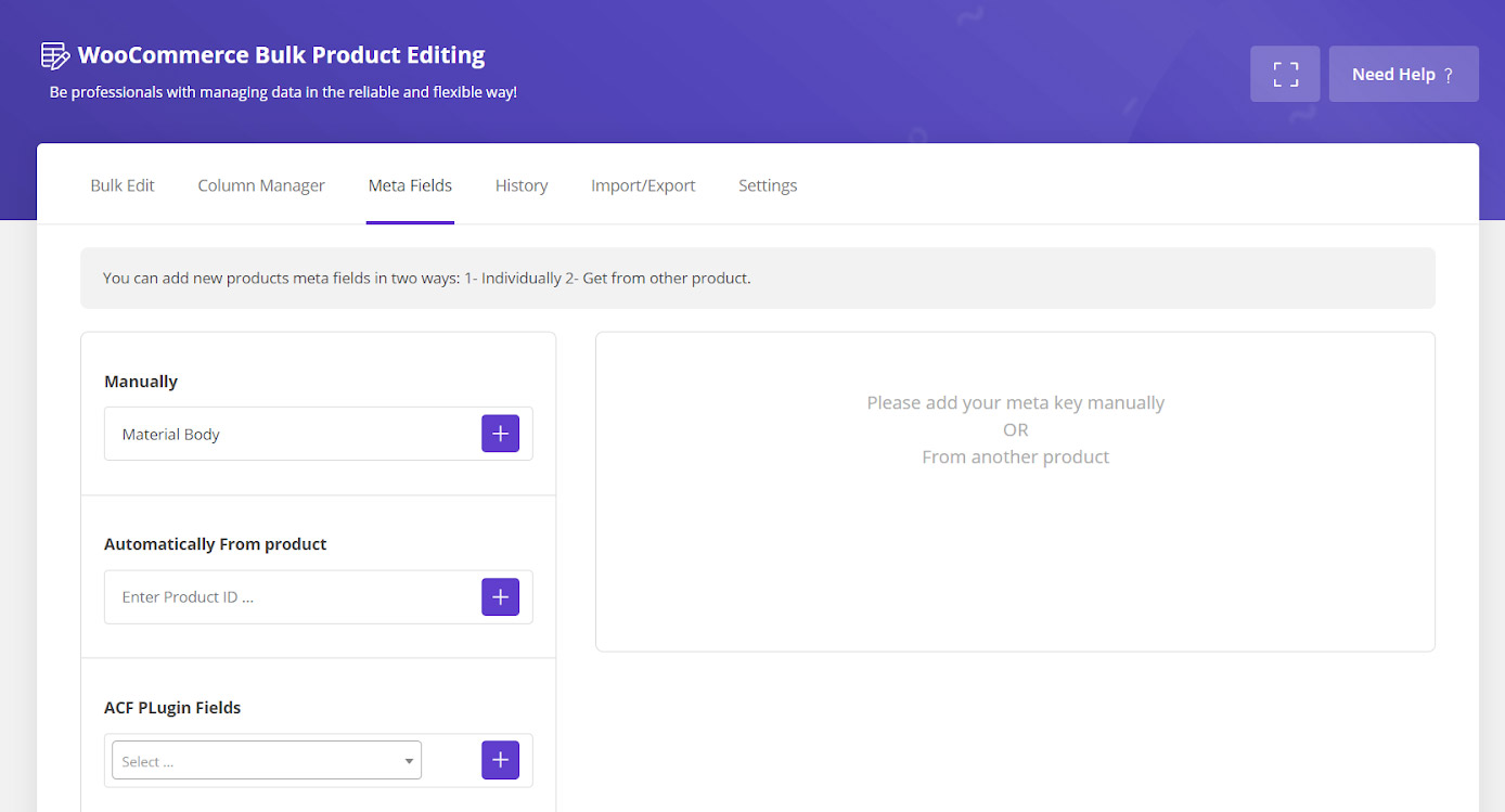 add custom fields manually in Woocommerce bulk product editing plugin
