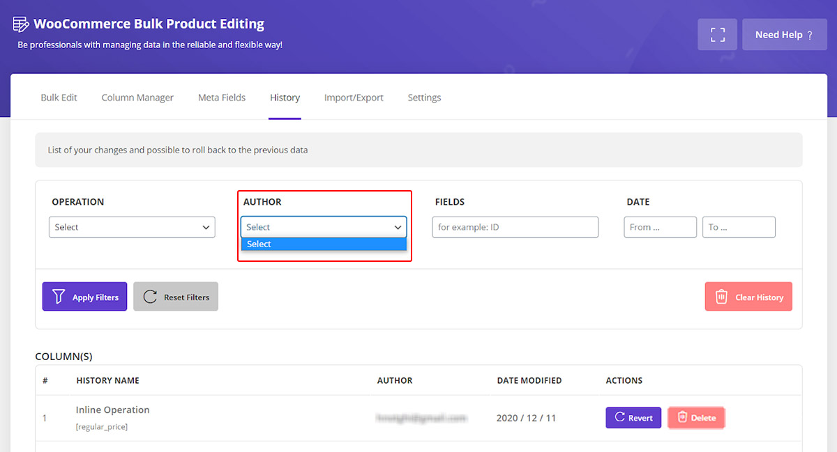 rollback the changes of specific author