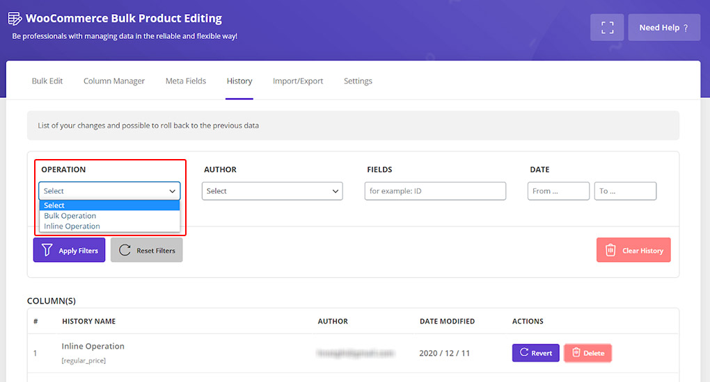 rollback section and restore change in woocommerce bulk product editing