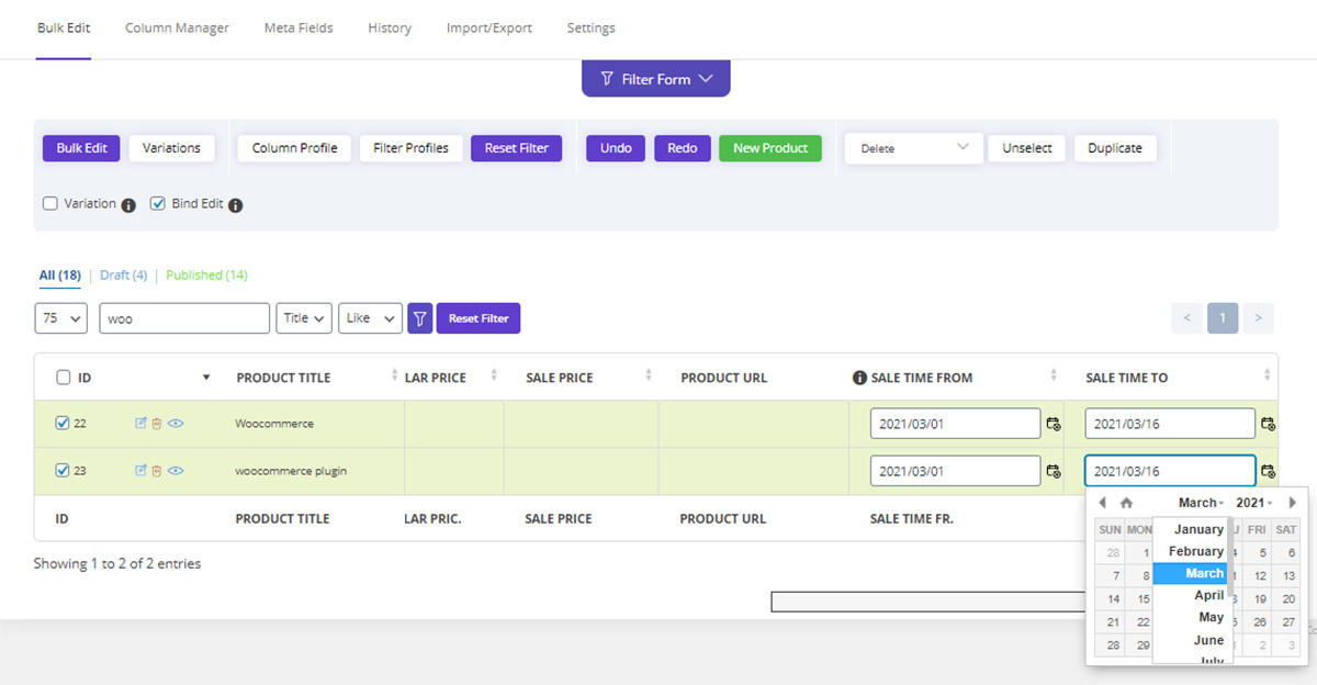 change sale Time in Woocommerce bulk product editing plugin