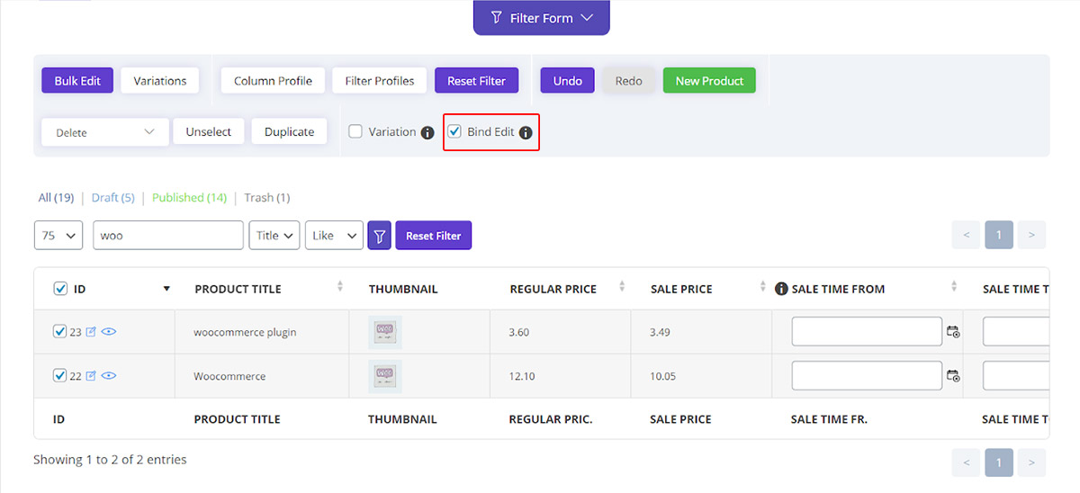 bind edit for apply same changes at same time in woocommerce bulk product