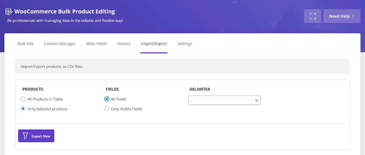 Export data related to selected Products in woocommerce bulk product eidting