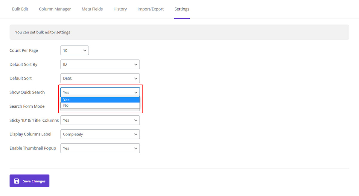 Show quick search box in woocommerce bulk product editor