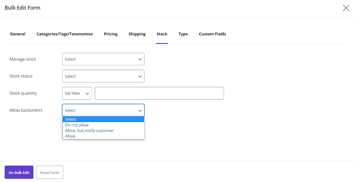 change the allow backorders field in woocommerce bulk product editor