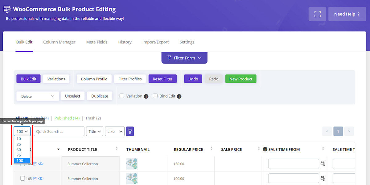 Increase the number of products per page in Woocommerce bulk product editing plugin