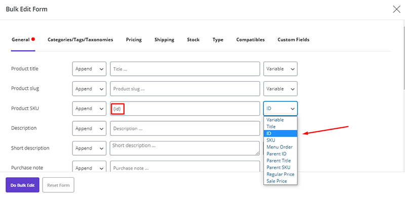 append id to SKU through bulk edit in WooCommerce Bulk Product Editing Plugin by ithemelandco