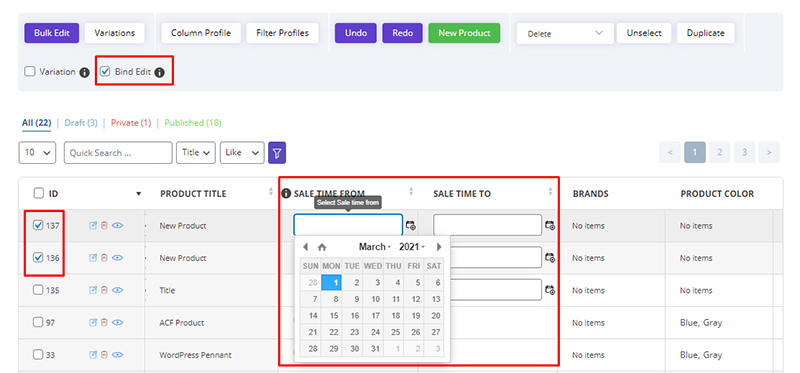 set sale date for products in WooCommerce Bulk Product Editing plugin by ithemelandco