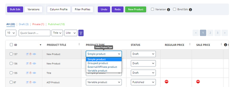 set variable product in WooCommerce Bulk Product Editing by ithemelandco