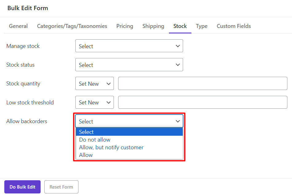 change the allow backorders field in WooCommerce bulk product editor