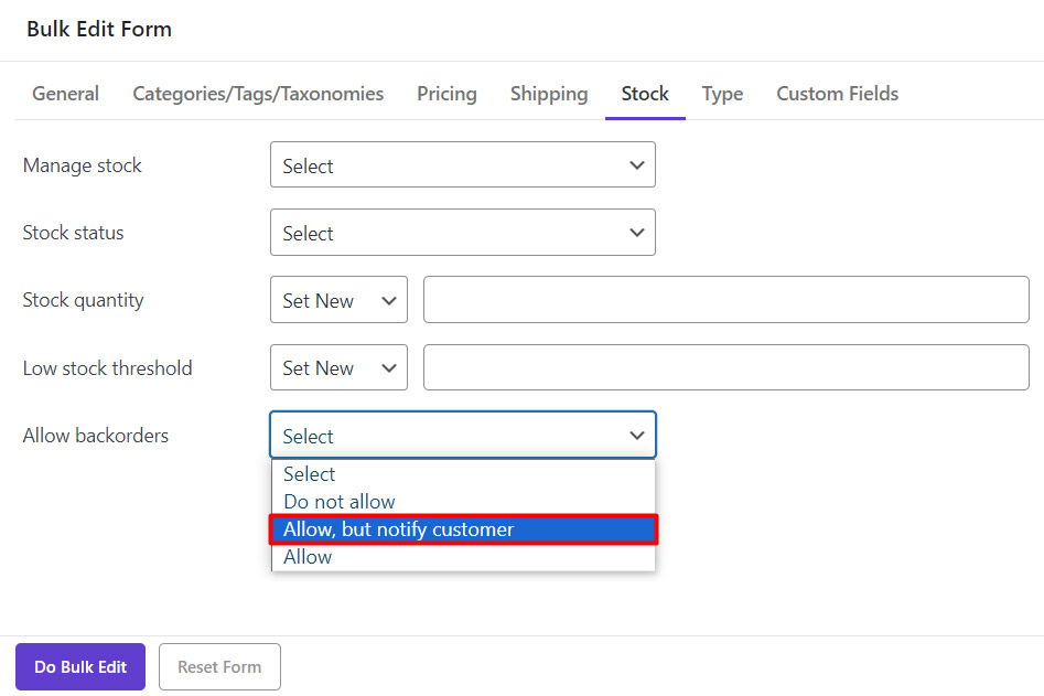 set desire value for backorders product