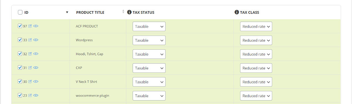 Display "existing" products with tax status