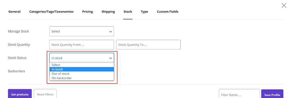 filtering products based on stock  in Woocommerce product bulk editing plugin