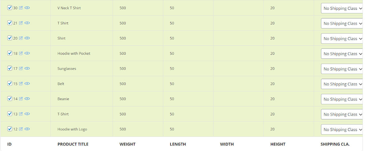 all of shipping settings are available in woocommerce bulk product editing