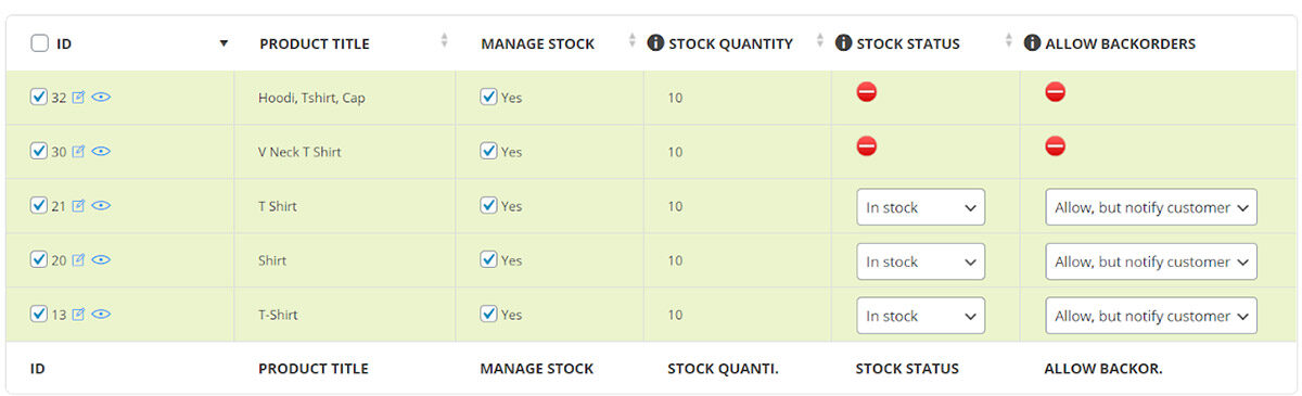 product stock fields in woocommerce bulk product editing