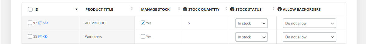 stock fields in Woocommerce product bulk editing plugin