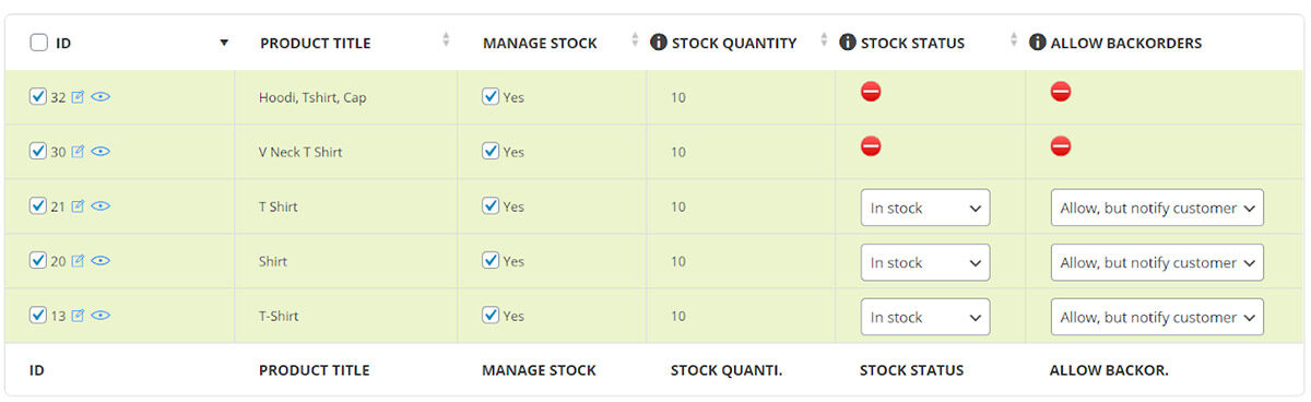 display stock fields on the table