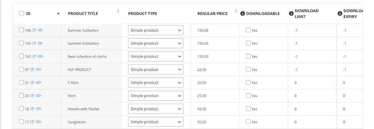  product table result