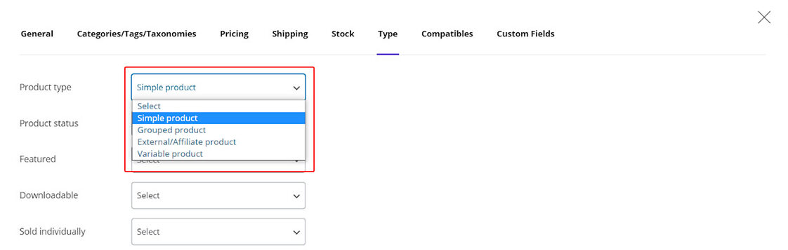 search for product type in bulk plugin