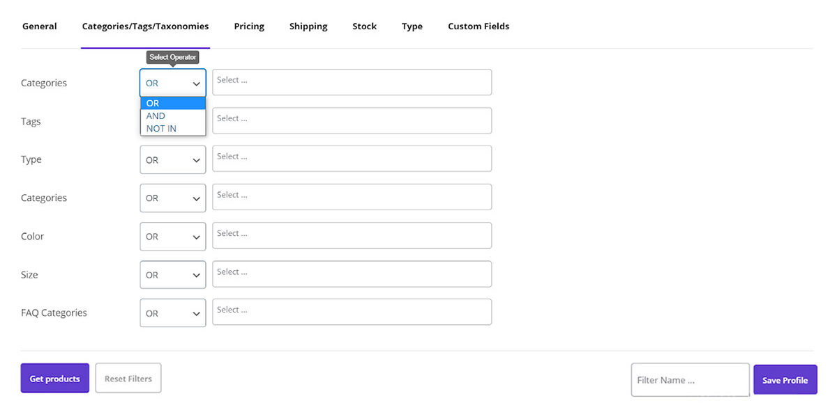 Select OR, AND and NOT IN operator in filter form