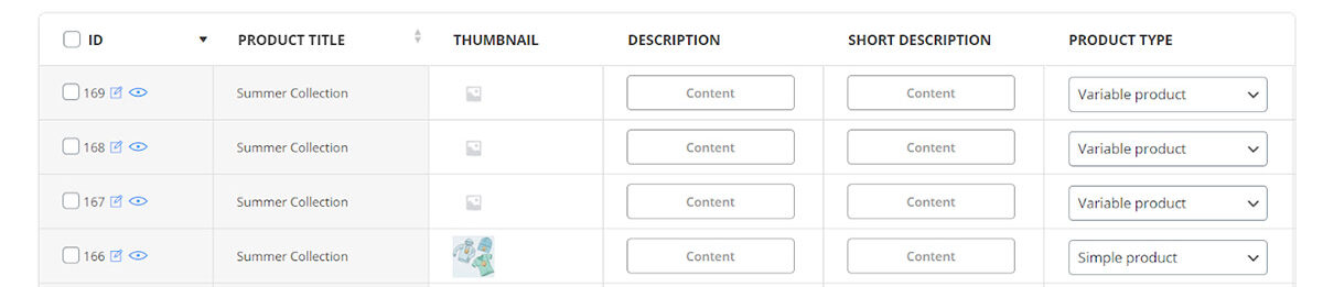 display products in the product table for bind editing