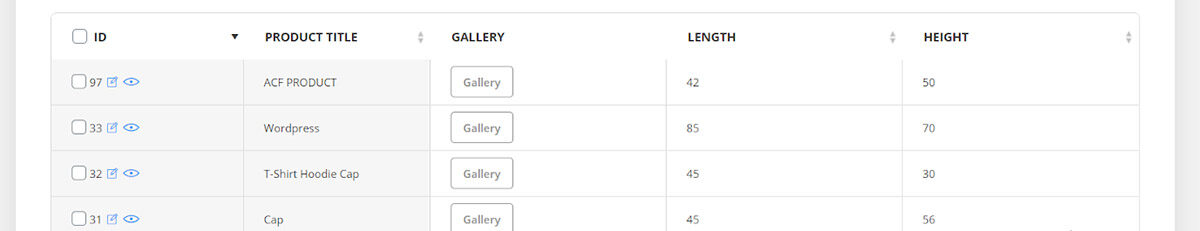 display products in the product table with custom columns