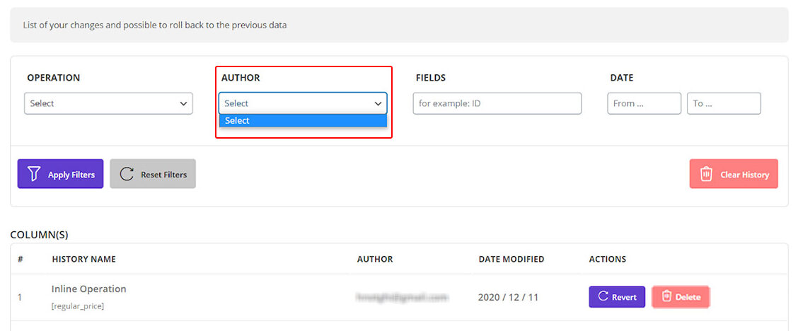 rollback the changes of specific author