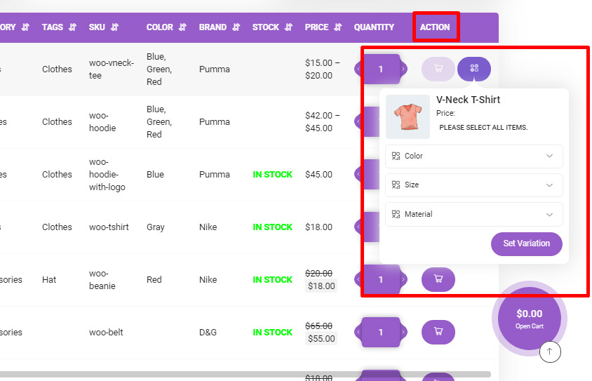 You can choose variable products in WooCommerce product table plugin