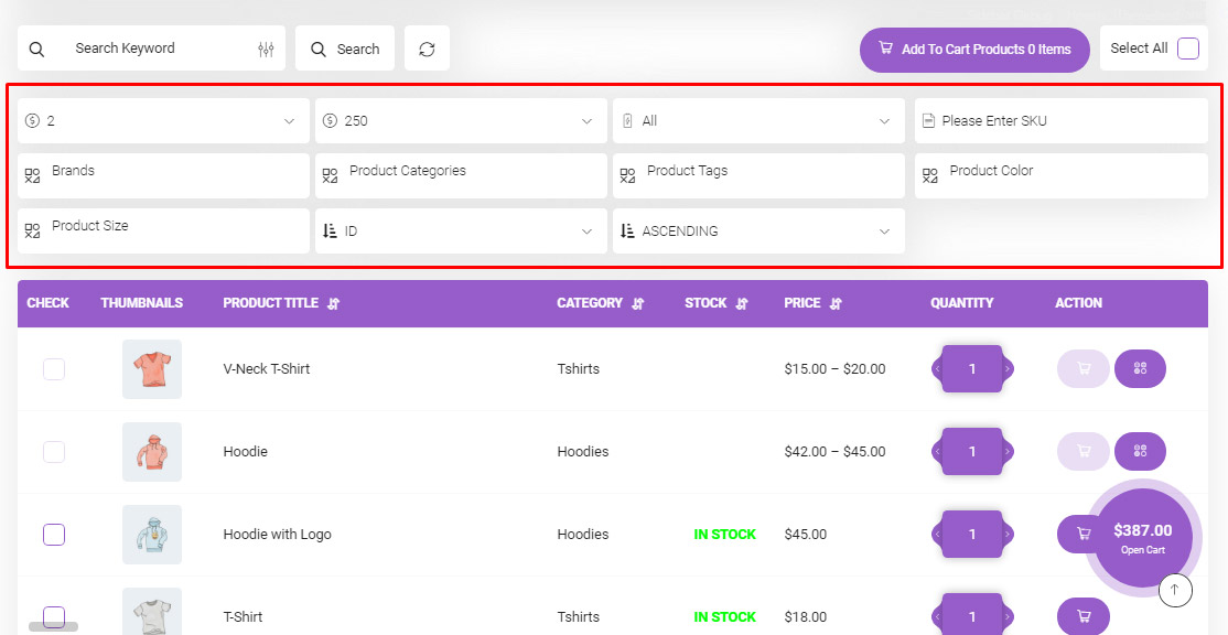 Woocommerce product table plugin after active all filters in filter form
