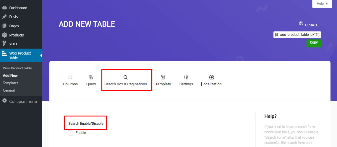 Enable search form in woocommerce product table plugin