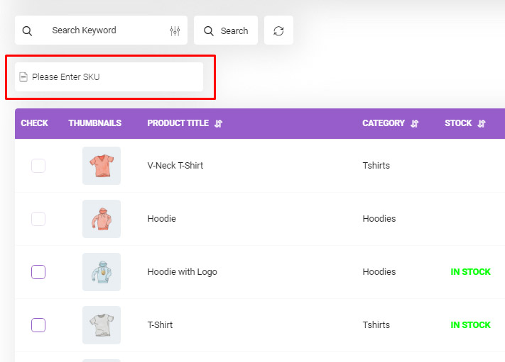 Filter products by SKU in Woocommerce product table plugin