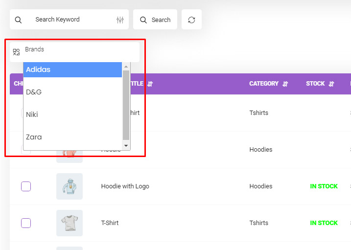 Filter products by brand or other custom taxonomies in Woocommerce product table plugin