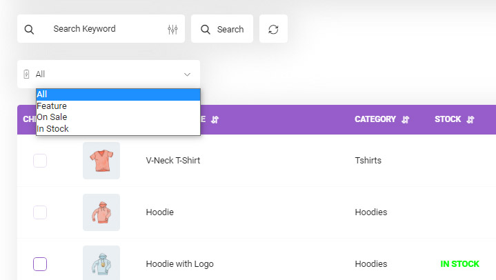 Filter products by status in Woocommerce product table plugin