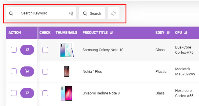 Search form after enable it in Woocommerce product table plugin