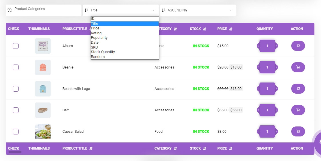 Sort products by title in woocommerce product table plugin