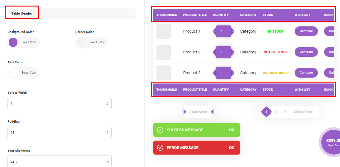 Change table header and footer template in product table plugin