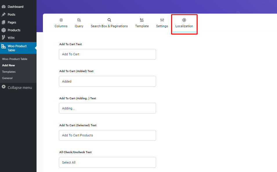 Set cart text from localization tab in woocommerce product table plugin