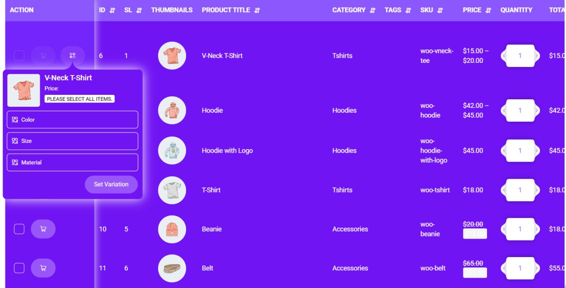 Choose attribute popup in woocommerce product table plugin for add variable products to cart
