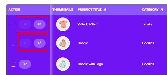 select variation button in product table