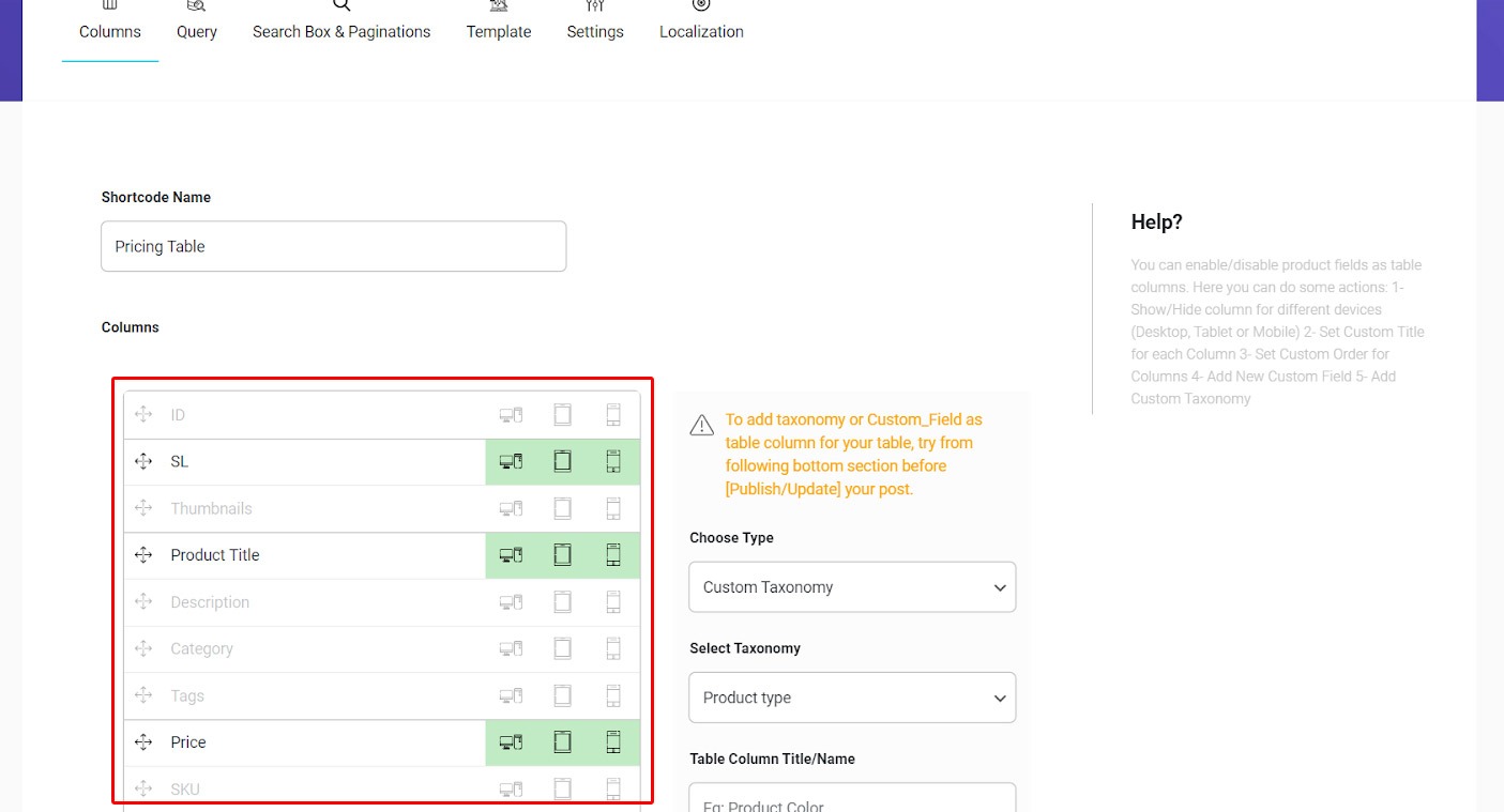 Active SL, product title and price columns for product price table