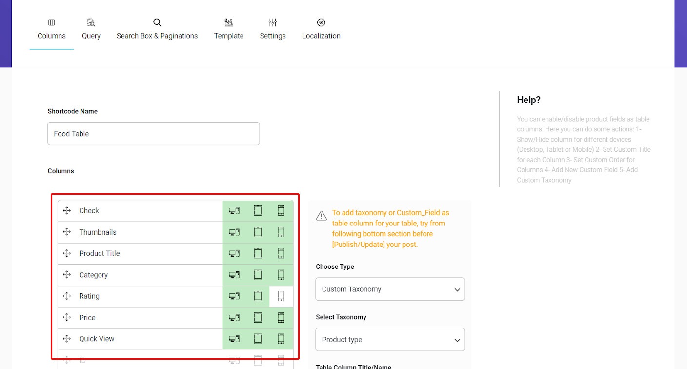 Choose custom columns